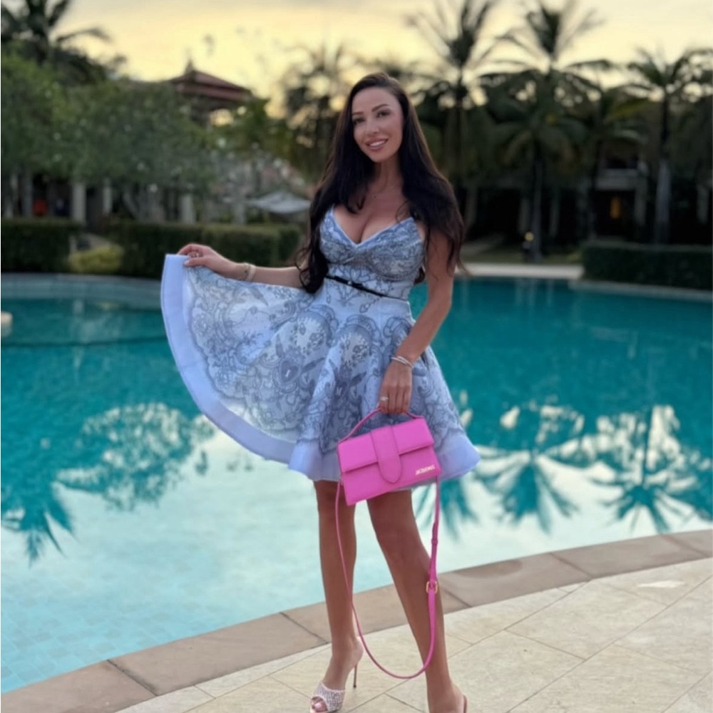 Zimmermann Blue Paisley Mini Dress with Black Waist Tie